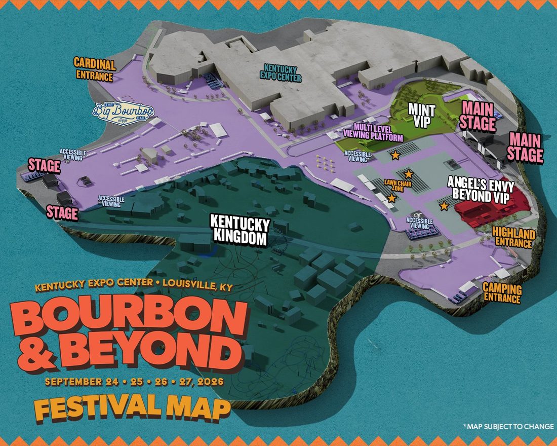 Bourbon & Beyond 2026 Festival Map - Oak and Barrel main stages east, 100 Proof and Revival west, Bluegrass Situation in Big Bourbon Bar, entrances: Cardinal NW, Highland SE, Camping S